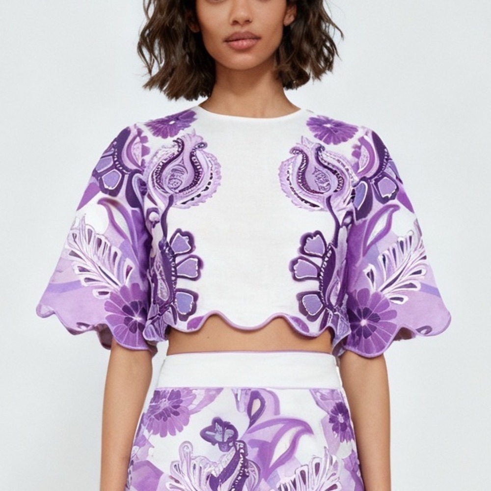 Farm Rio Color Festival Crop Blouse Purple Cream Top Cropped size Medium